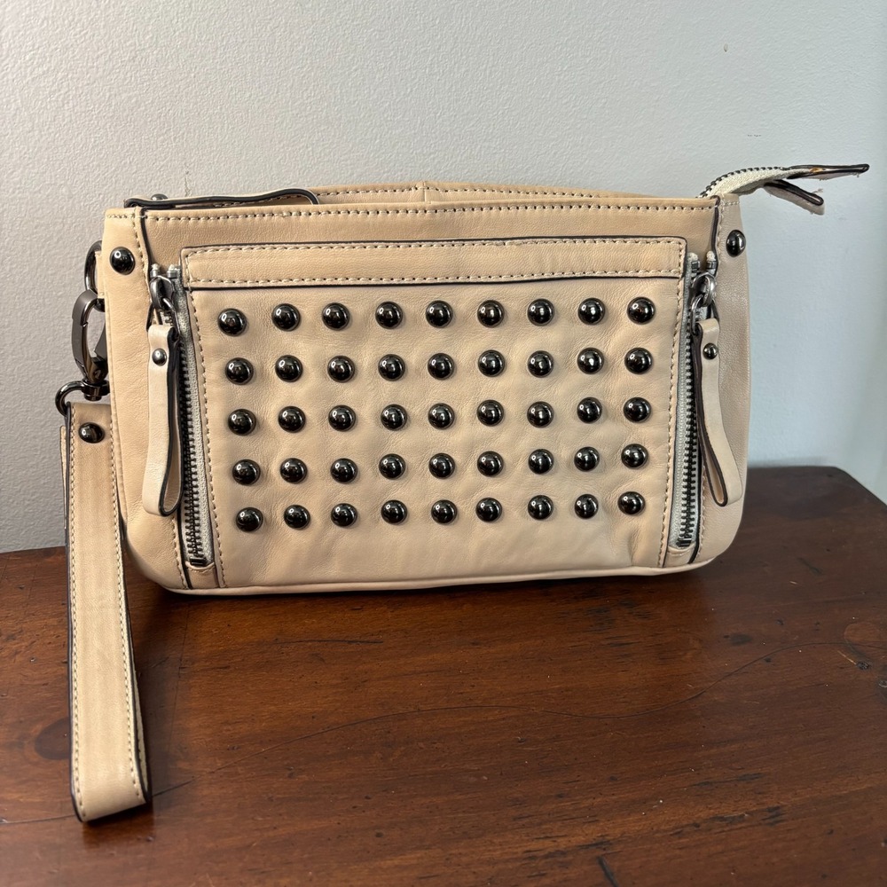 HYPE Womens Boutique Tan Leather Wristlet Clutch Stud Accents Zippered Dust Bag